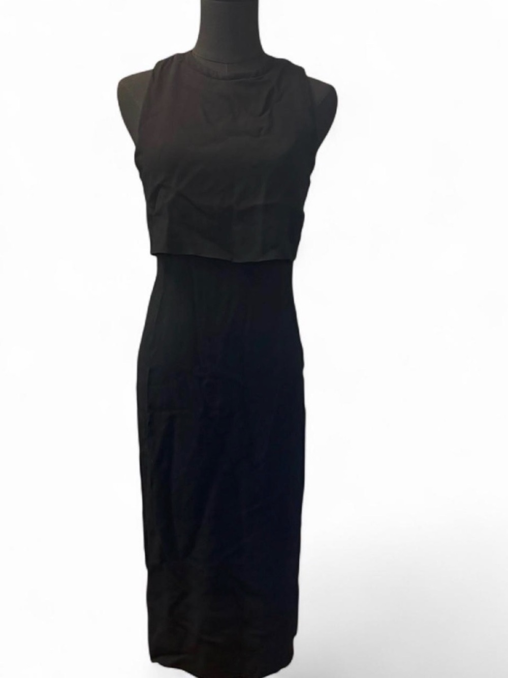 Zara Sleeveless Black Midi Dress with Layered Bodice and Cut Out Sides